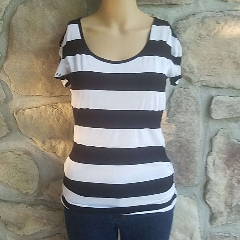 DEB | Lace Back Black and White Striped Top